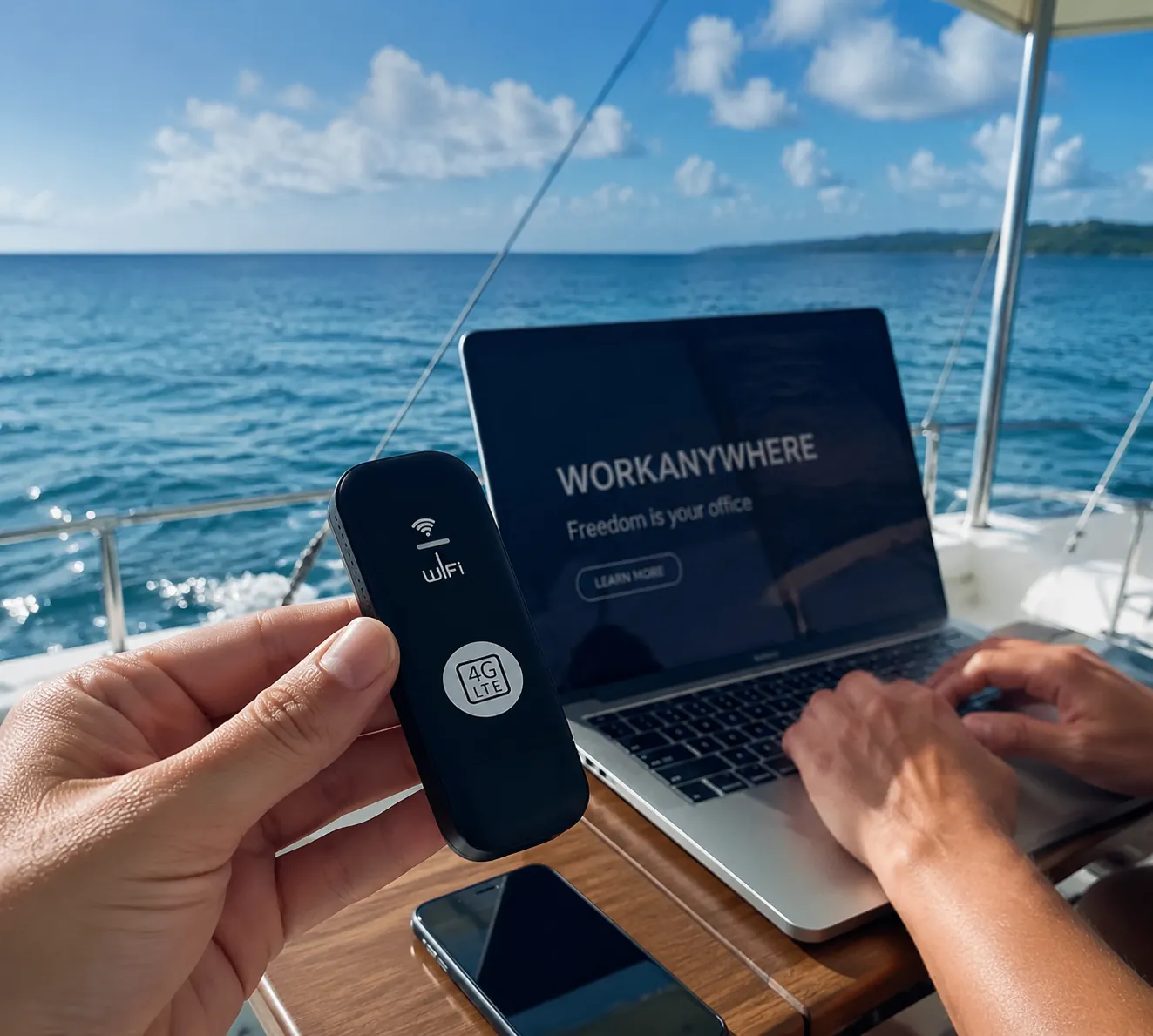 LinkGo 4G en uso en un barco, con portátil y vistas al mar