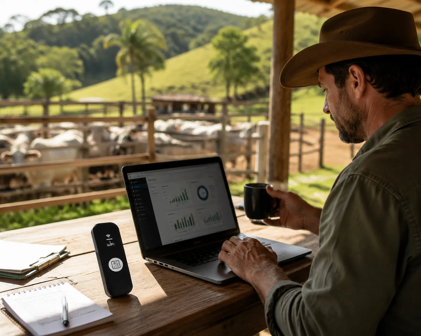 LinkGo 4G en uso en una finca, con portátil y ganado al fondo