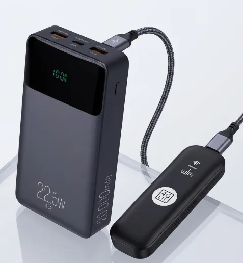 LinkGo 4G conectado a un power bank, listo para usar en cualquier lugar